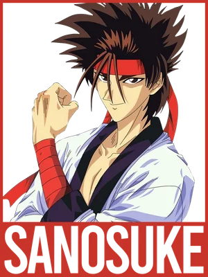 Hình vẽ nhân vật Sanosuke trong anime Rurouni Kenshin, mặc trang phục truyền thống, đeo băng đô đỏ, tay nắm chặt.