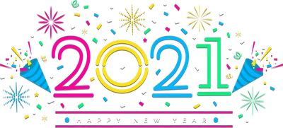 Hình ảnh chúc mừng năm mới 2021 với số 2021 cách điệu, pháo hoa, và pháo giấy.