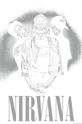 Hình ảnh ban nhạc Nirvana với Kurt Cobain ở giữa, phong cách trắng đen.