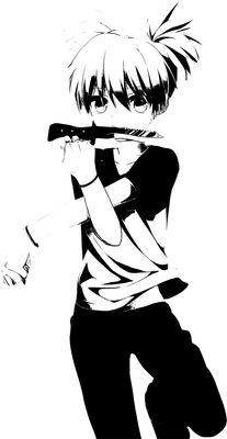 Hình vẽ anime đen trắng một nhân vật nam cầm dao trước miệng, tóc dựng đứng, mặc áo phông đen.