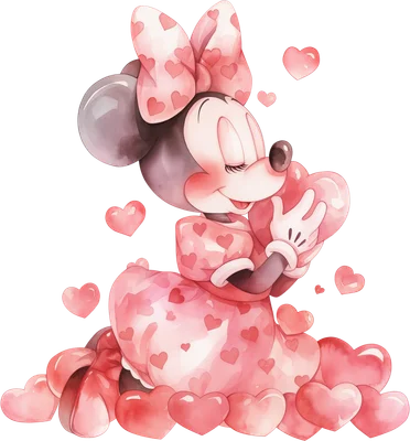 Minnie Mouse hoạt hình dễ thương ôm trái tim hồng, váy hồng họa tiết trái tim, phong cách màu nước ngọt ngào.