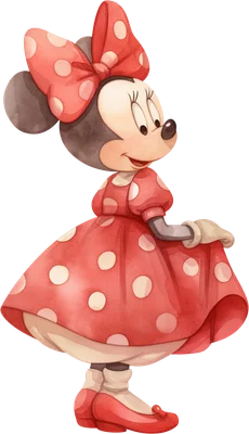 Hình ảnh Minnie Mouse hoạt hình đáng yêu trong phong cách màu nước, mặc váy đỏ chấm bi trắng và nơ đỏ, nền xám.