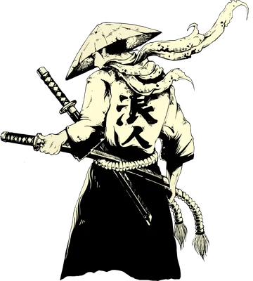 Hình ảnh minh họa chiến binh Samurai Nhật Bản đội nón lá, cầm hai thanh kiếm, mặc áo truyền thống có chữ Kanji.