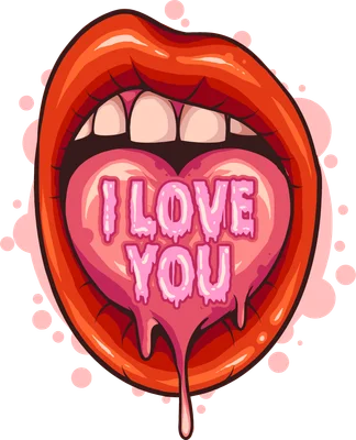 Hình minh họa đôi môi đỏ đang ngậm trái tim màu hồng có chữ I Love You phong cách hoạt hình