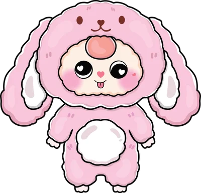 Hình vẽ hoạt hình chibi một chú cừu con dễ thương mặc bộ đồ thỏ màu hồng, với đôi mắt to tròn và má hồng.