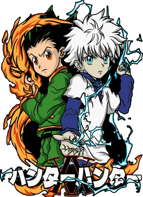 Hình in Gon và Killua từ anime Hunter x Hunter với hiệu ứng lửa và điện