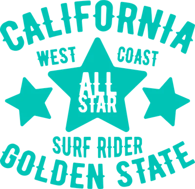 Thiết kế chữ phong cách vintage với các ngôi sao và dòng chữ California, West Coast, All Star, Surf Rider, Golden State.