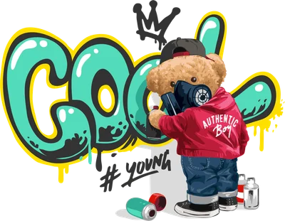 Hình minh họa gấu teddy đội mũ, đeo mặt nạ phòng độc, mặc áo hoodie đỏ, quần jean, đang vẽ graffiti chữ COOL màu xanh ngọc và vàng trên tường xám. Có các lon sơn xịt.