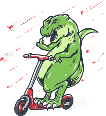 Khủng long xanh theo phong cách cartoon đang lướt scooter đỏ, tránh những tia laser bay lượn
