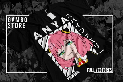 Hình ảnh Anya Forger, nhân vật anime dễ thương, trên áo thun đen, với nền là các nhân vật anime khác.