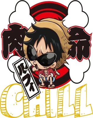 Hình ảnh nhân vật Luffy (One Piece) phong cách chibi đeo kính râm, đội mũ rơm, chữ "CHILL" lớn phía dưới.