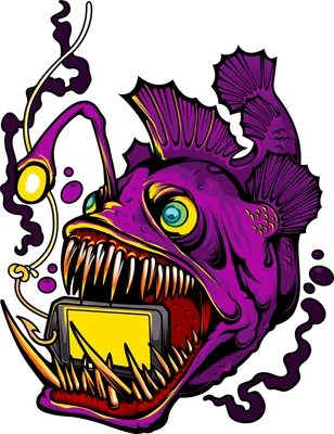 Hình ảnh minh họa cá angler màu tím với hàm răng sắc nhọn đang ngậm một chiếc điện thoại màn hình vàng, phong cách hoạt hình.