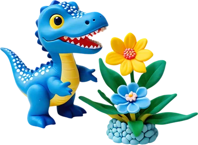 Hình ảnh khủng long xanh hoạt hình dễ thương đứng cạnh chậu hoa vàng và xanh trên nền xám.