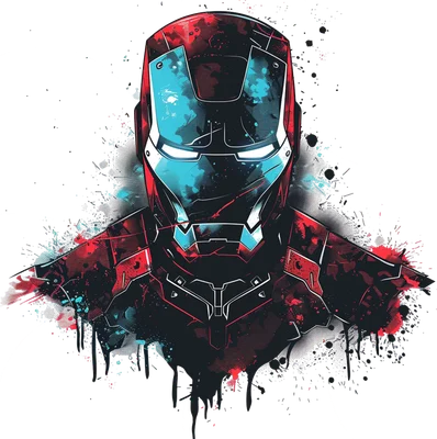 Hình ảnh Iron Man với thiết kế splatter art màu đỏ và xanh dương, mắt phát sáng, trên nền xám.