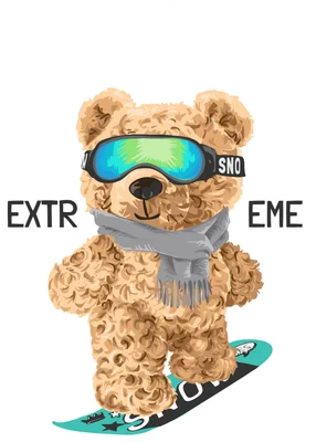 Hình minh họa gấu bông màu nâu đeo kính trượt tuyết màu xanh và khăn choàng xám, chữ 'SNOW BOARDING EXTREME' nền xám.