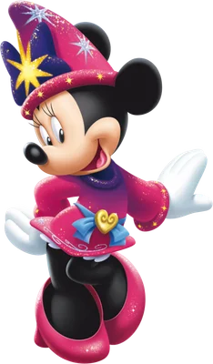 Minnie Mouse trong trang phục phù thủy màu hồng và tím lấp lánh, đội mũ sao, mỉm cười vui vẻ, phong cách hoạt hình Disney.