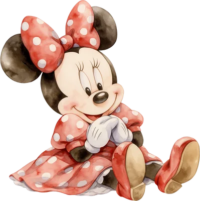 Hình ảnh Minnie Mouse hoạt hình đáng yêu ngồi, mặc váy chấm bi đỏ và nơ đỏ, vẽ theo phong cách màu nước.