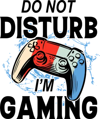 Hình minh họa tay cầm chơi game màu đỏ, trắng, xanh dương với dòng chữ 'DO NOT DISTURB I'M GAMING' trên nền xám.