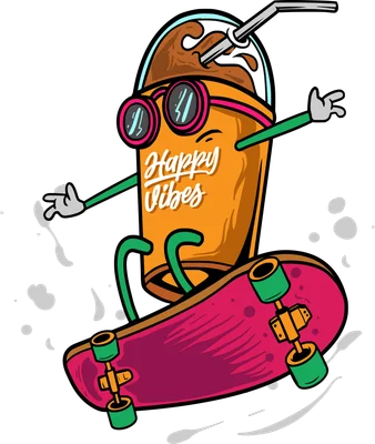 Hình minh họa ly nước màu cam đeo kính râm, trượt ván, có chữ "Happy Vibes"