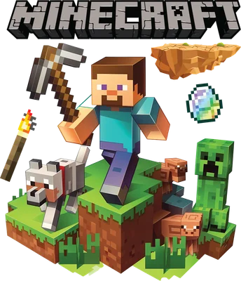 Hình ảnh nhân vật Steve Minecraft, chó sói, Creeper và các khối địa hình trong game.