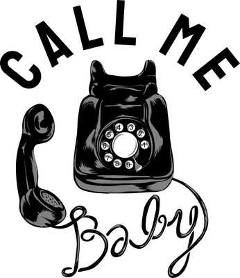Hình minh họa điện thoại bàn quay số màu đen trắng phong cách retro với dòng chữ 'CALL ME Baby' trên nền xám.