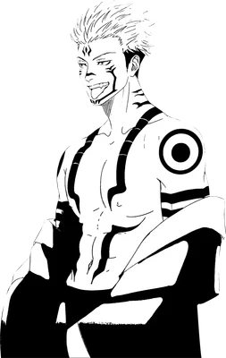 Hình vẽ nhân vật Ryomen Sukuna từ anime/manga Jujutsu Kaisen, phong cách đen trắng, biểu cảm nhếch mép.