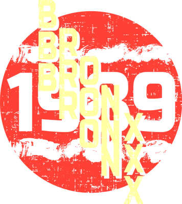 Red circular graffiti design with yellow 'Bronx 1990' text and XXX symbols on gray background