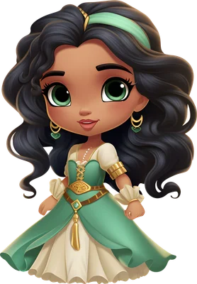 Hình ảnh cô gái hoạt hình chibi dễ thương với tóc đen dài, mắt xanh ngọc, mặc váy xanh lá và phụ kiện vàng.