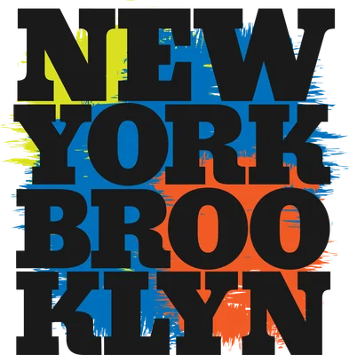 Chữ NEW YORK BROOKLYN lớn, màu đen, trên nền xám với các vệt màu vàng, xanh dương và cam.