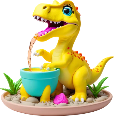 Hình ảnh 3D khủng long hoạt hình màu vàng tươi sáng, đang uống nước từ một chậu màu xanh trên nền sỏi đá và cây xanh.