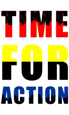 Hình ảnh chữ 'TIME FOR ACTION' với hiệu ứng grunge màu đỏ, vàng, xanh trên nền chấm bi xám, viền trắng nổi bật.
