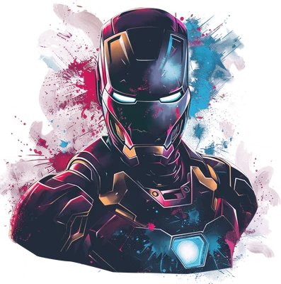 Hình ảnh Iron Man với bộ giáp đen, vàng, mắt và lò phản ứng hồ quang phát sáng, hiệu ứng màu nước bắn tung tóe.