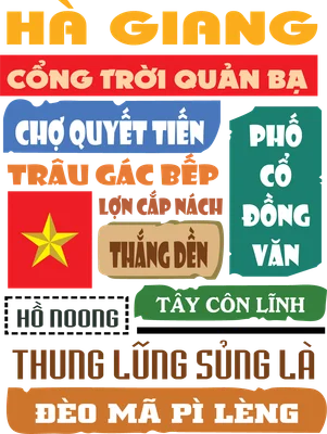 Thiết kế typography về Hà Giang với các địa danh và đặc sản nổi tiếng như Cổng Trời Quản Bạ, Đèo Mã Pì Lèng, Trâu Gác Bếp, Phố Cổ Đồng Văn và hình ảnh lá cờ Việt Nam.