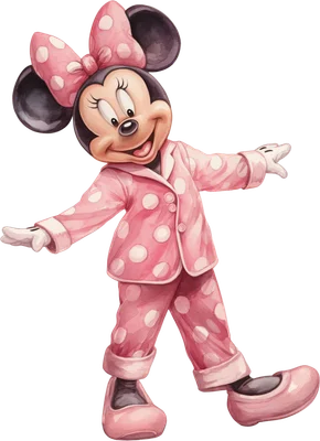 Minnie Mouse hoạt hình mặc bộ đồ ngủ màu hồng chấm bi trắng, tay dang rộng, mỉm cười vui vẻ trên nền xám.