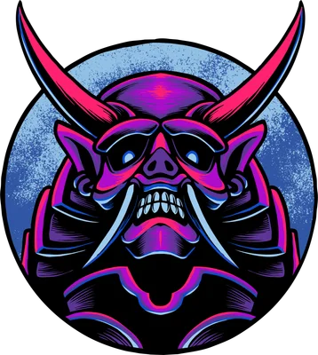 Hình minh họa mặt nạ quỷ Oni Nhật Bản với tông màu neon tím xanh phong cách cyberpunk