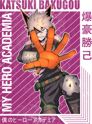 Hình ảnh Katsuki Bakugo từ My Hero Academia với biểu cảm quyết tâm, giơ tay về phía trước.