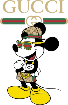 Hình ảnh Mickey Mouse đeo kính râm, đội mũ lưỡi trai và mặc quần short in họa tiết Gucci, đeo dây chuyền vàng.