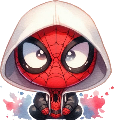 Hình ảnh Người Nhện chibi dễ thương mặc áo hoodie trắng, phong cách màu nước, với đôi mắt to tròn biểu cảm.