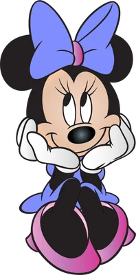 Hình ảnh Minnie Mouse hoạt hình đáng yêu ngồi tựa cằm, đeo nơ và váy màu xanh pastel, đôi mắt to tròn nhìn lên.