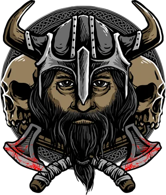Hình minh họa chiến binh Viking đội mũ sừng, xung quanh là đầu lâu và rìu chiến phong cách vẽ tay mạnh mẽ