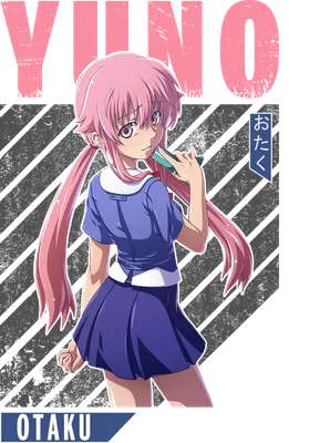 Hình ảnh Yuno Gasai, nhân vật anime tóc hồng, mặc đồng phục, cầm điện thoại, phong cách chibi.