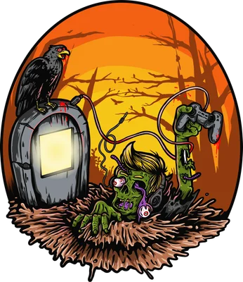 Hình ảnh zombie đội mũ tai nghe, tay cầm tay cầm chơi game, bên cạnh là bia mộ và quạ.