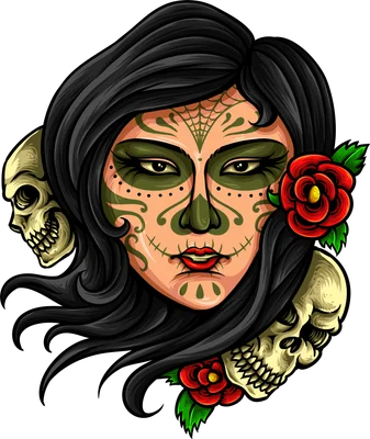 Hình minh họa chân dung phụ nữ trang điểm kiểu Dia de los Muertos, có hoa hồng đỏ và hai đầu lâu hai bên.
