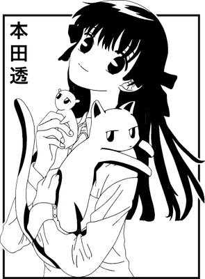 Hình vẽ anime cô gái tóc đen dài, mắt to tròn, ôm một chú mèo trắng và một chú sóc nhỏ.
