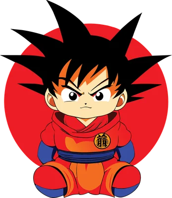 Hình vẽ chibi nhân vật Goku với mái tóc đen nhọn, mặc áo cam đỏ và quần xanh, ngồi trước nền đỏ tròn.