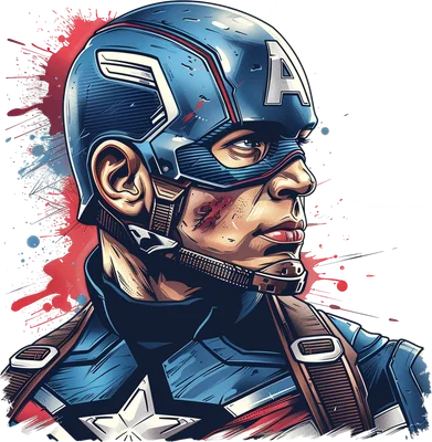 Hình minh họa Captain America với mũ xanh, trang phục siêu anh hùng, khuôn mặt có vết xước, nền xám và vệt màu đỏ.
