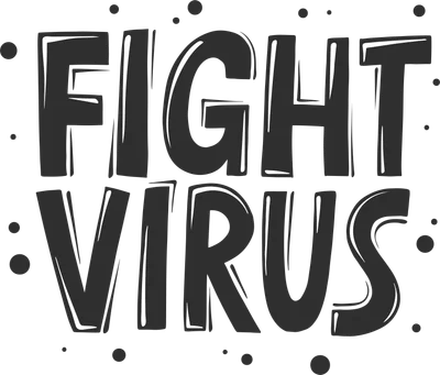 Hình ảnh chữ "FIGHT VIRUS" màu đen với viền trắng trên nền xám, có các chấm tròn nhỏ.