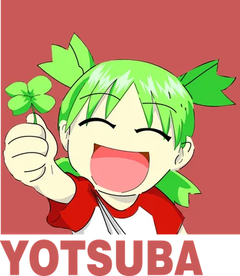 Hình vẽ cô bé Yotsuba với mái tóc xanh lá, cười tươi, giơ ngón cái và cầm cỏ bốn lá.