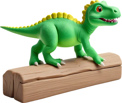 Hình ảnh 3D chú khủng long xanh lá cây ngộ nghĩnh, có gai vàng trên lưng, đang đứng trên một khúc gỗ màu nâu, nền xám.