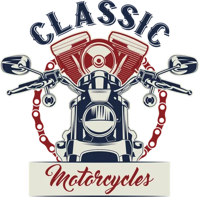 Hình minh họa đầu xe mô tô cổ điển với động cơ và chữ Classic Motorcycles phong cách vintage